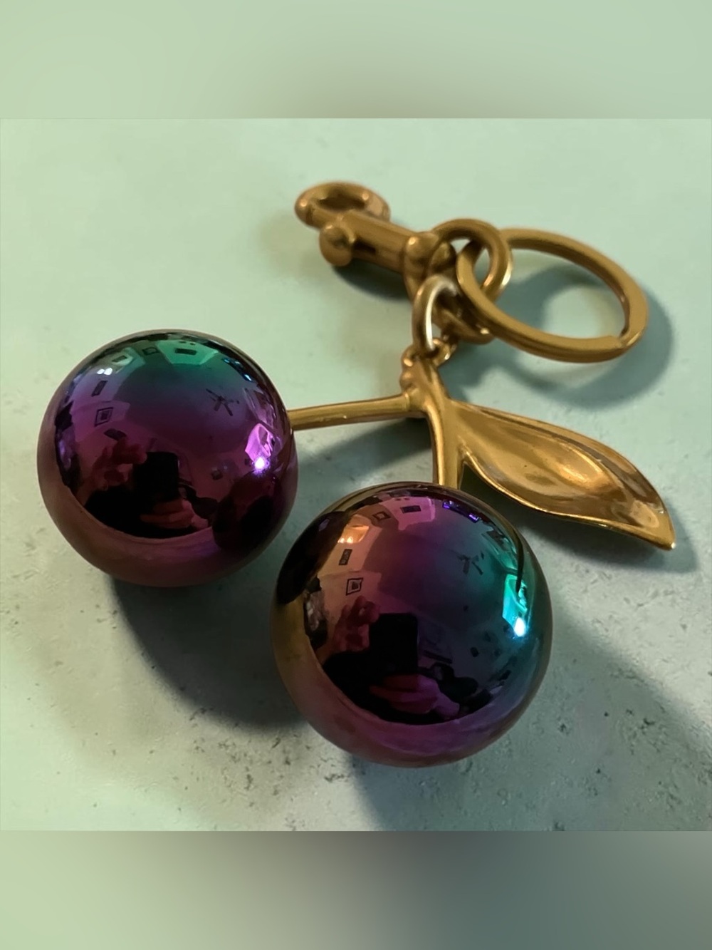 Gold Cherry Keychain with Iridescent Green-Purple Cherries - Picture 3 of 4